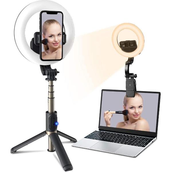 ringlight met statief - ZINAPS Ring licht met Tripod, [Oplaadbare] Panmax 6.3 Inch selfie Ring Light met Phone Holder / Laptop Clamp, Full Light for Self-Portrait, make-up, Video Conference, YouTube, Tiktok, Live Stream