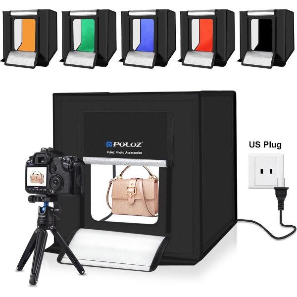 PULUZ 40cm opvouwbaar draagbaar 30W 5500K wit licht fotoverlichting studio-opname tentbox kit met 6 kleuren achtergronden (zwart, oranje, wit, rood, groen, blauw), afmeting: 40cm x 40cm x 40cm