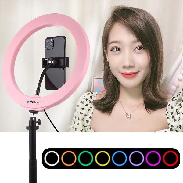 PULUZ 10,2 inch 26 cm USB 10-modi 8 kleuren RGBW Dimbare LED-ring Vlogging Fotografie Videolichten met koude schoen Statief Balhoofd & telefoonklem (roze)