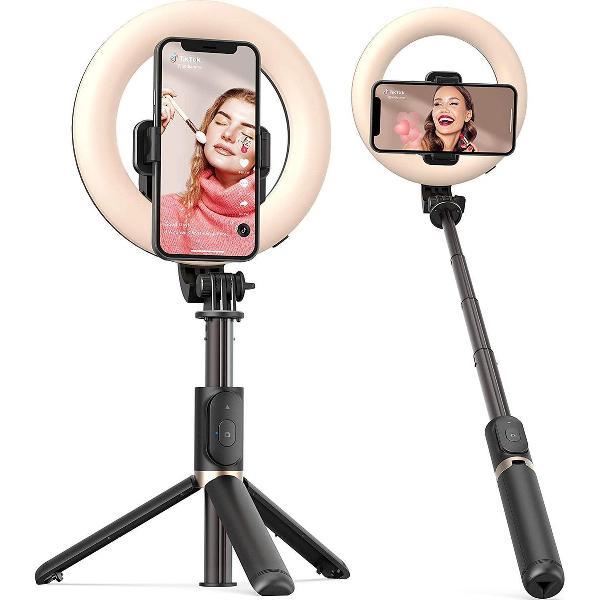 6inch Ringlamp met Selfie Stick en Stand - Bluetooth afstandsbediening - Kleur & Helderheid verstelbaar - USB Oplaadbaar
