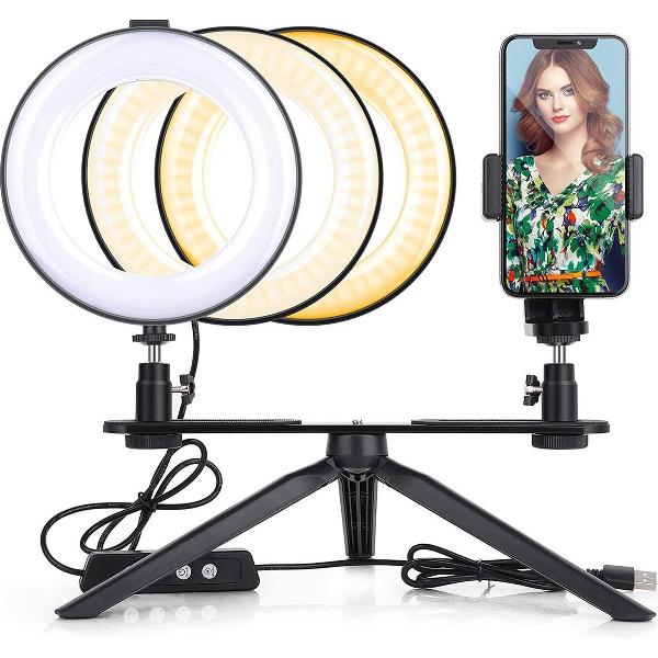 selfie ring licht met statief - ZINAPS 8 Inch Ring Light Mobile Phone Ring Light Tripod selfie LED Tabel Type met 2 Mobile Phone Holder Dimbare voor Live Broadcast Makeup Led Portret Ring Light