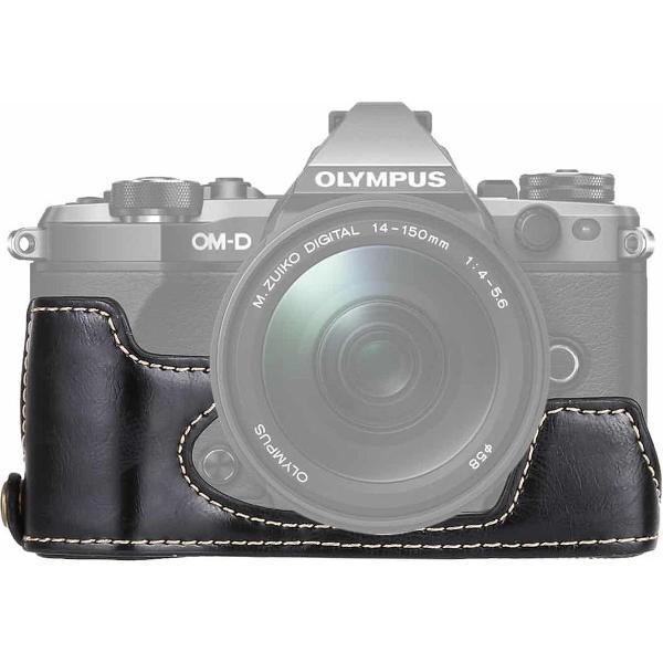1/4 inch draad PU lederen camera half behuizing basis voor Olympus EM5 / EM5 Mark II (zwart)