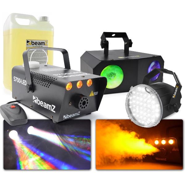 Feestverlichting - BeamZ Party pack XL partyverlichting met BeamZ Nomia lichteffect, stroboscoop en rookmachine met rookvloeistof