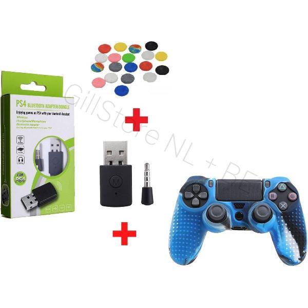 PREMIUM PLUS - Bluetooth PS4 Dongle + 4 Thumb Grips - Rood - Zwart - Blauw - Grijs + PS4 Anti Slip Skin Kleur Special Blue - BT Adapter - Erg handig voor elke AIRPODS of welke BLUETOOTH Headset dan ook - Gratis Verzending