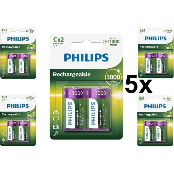 10 Stuks (5 Blisters a 2st) - Philips MultiLife 1.2V C/HR14 3000mah NiMh oplaadbare batterij