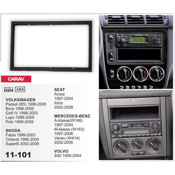2-DIN SKODA Fabia 1999-2003; Octavia 1996-2004; SuperB 2002-2008 / VOLKSWAGEN Passat (B5) 1996-2005; Bora 1998-2006; Golf IV 1998-2003; Lupo 1998-2005; Polo 1999-2009 / afdeklijst / installatiekit Audiovolt 11-101