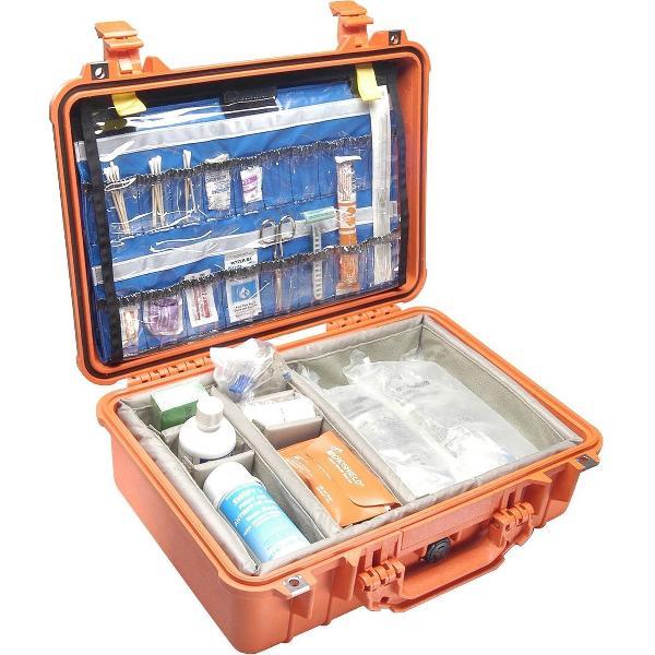 Peli 1500 Case Oranje EMS uitvoering - EMS Kit deksel interieur en klittenbandvakverdeling