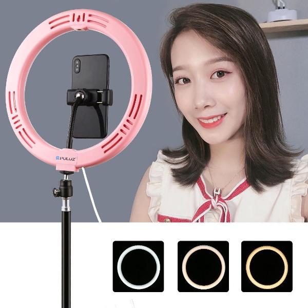 PULUZ 10,2 inch 26 cm USB 3 standen Dimbaar Dubbele kleurtemperatuur LED Gebogen diffuus lichtring Vloggen Selfie Fotografie Videolichten met telefoonklem (roze)