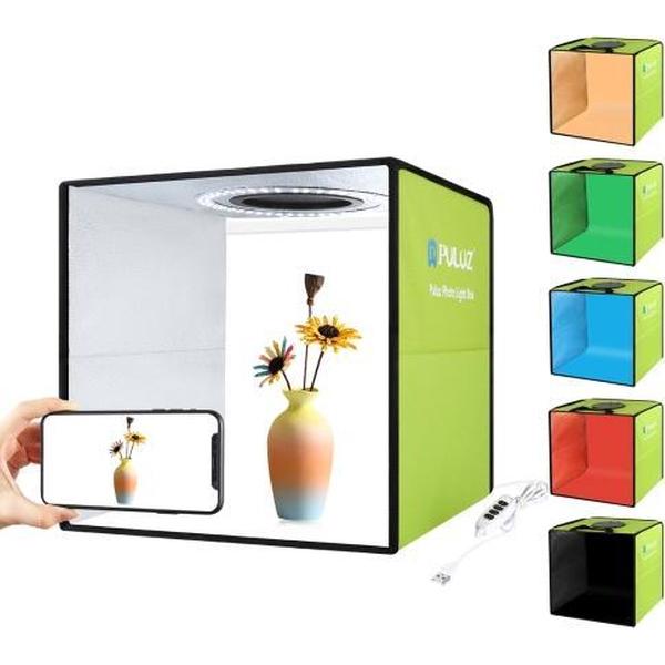 PULUZ 30cm opvouwbaar draagbaar ringlicht Fotoverlichting Studio opnametent Box Kit met 6 kleuren achtergronden (zwart, wit, geel, rood, groen, blauw), uitvouwgrootte: 30cm x 30cm x 30cm (groen)