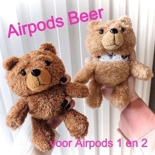 Airpods Case voor 1 en 2 BEERTJE Donkerbruin - Beschermhoes Air Pods - Draadloze Airpods Oordopjes Hoesje - Earphone Accessoire Bear - Mode Fashion Pluche Bo de BEER d.bruin case