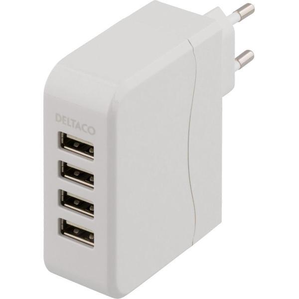 DELTACO USB-AC114 USB-wandoplader, 100-240V tot 5V USB, 4x USB-poorten, 4,5A, wit