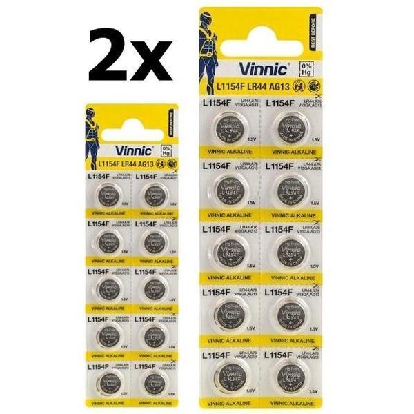 20 Stuks (2 Blister a 10st) Vinnic G13 / AG13 / L1154 / LR44 / 157 / A76 1.5V knoopcel batterij