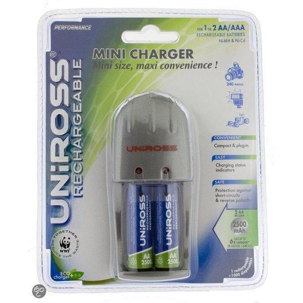 Uniross Mini Batterijlader inclusief 2 AA 2500mAh Batterijen
