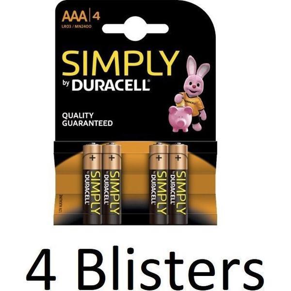 16 Stuks (4 Blisters a 4 st) Duracell AAA Simply Batterijen