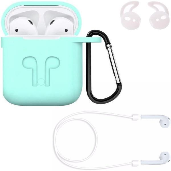 KELERINO. Hoesje voor Airpods 1 / 2 - 3 in 1 set (Case voor Airpods + strap + earhoox) - Mint Groen