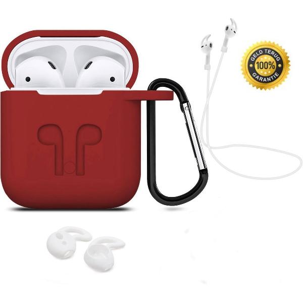 3 in 1 set! Hoesje voor Airpods siliconen case cover beschermhoes + strap + earhoox - rood