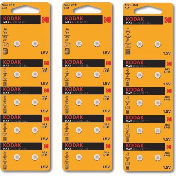Kodak Max Alkaline AG3 SR41W/392 1.5V knoopcel batterij - 30 Stuks (3 Blisters a 10St)