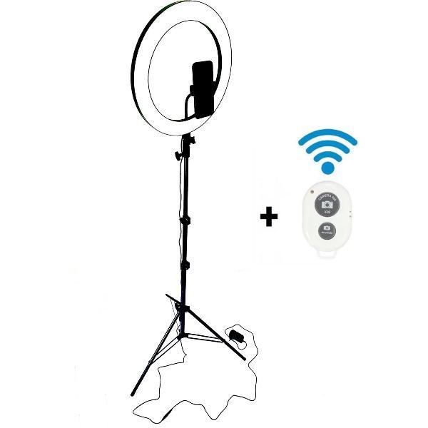 a sunny day ringlamp met statief, telefoonhouder en bluetooth afstandsbediening – LED - 14 inch / 35 cm – 235 hoog
