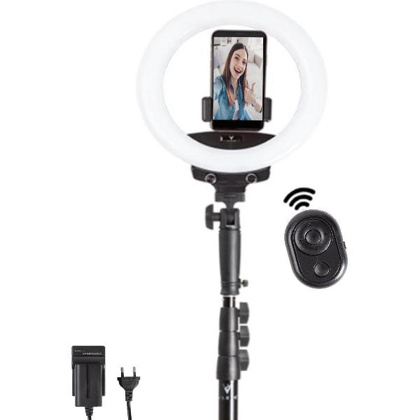 Varin® LED Ringlamp met statief - Accu en lader - 70 t/m 210 cm - 10 inch Professionele ring lamp - 22W en CRI 92 - Bluetooth afstandsbediening - 2 types telefoon houders - Tripod telefoon statief - Ringlight - Videolamp