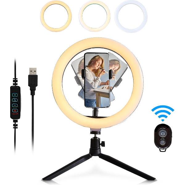 LifeGoods LED Ringlamp met Statief - Smartphone Houder - Bluetooth Afstandbediening - 26cm ⌀ - Zwart