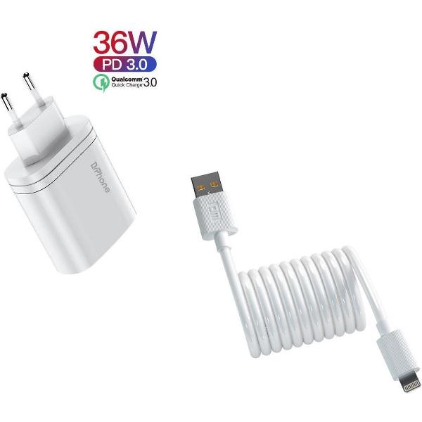 DrPhone ICON Gecertificeerde Power Lader - 36W 9V 3A + 1 Meter DM Lightning Kabel - 2.4A Lightning Voor Apple iPhone + iPad