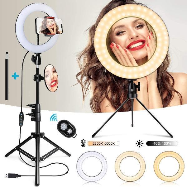 Ringlamp - Ringlamp met statief - 186CM - 10 inch - Selfie Ring Light - Ring Light - Ringlight Smartphone Camera - Incl. 3 Telefoonhouders en Nederlandse handleiding