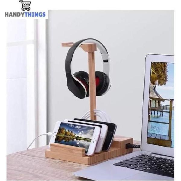 Houten Hoofdtelefoon Houder van Handythings - met GRATIS Leuke USB 64 GB - 5V Oplader Usb 3A Met 3 Usb Poorten - GSM Ipad Stand - Headset Stand - Koptelefoon Houder - Headphone Staander - Hanger