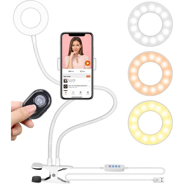 BECK & Keller- Ringlamp WIT - Ledring met statief - mobiele telefoonhouder - MET AFSTANDBEDIENING & Verstelbaar - Selfiehouder