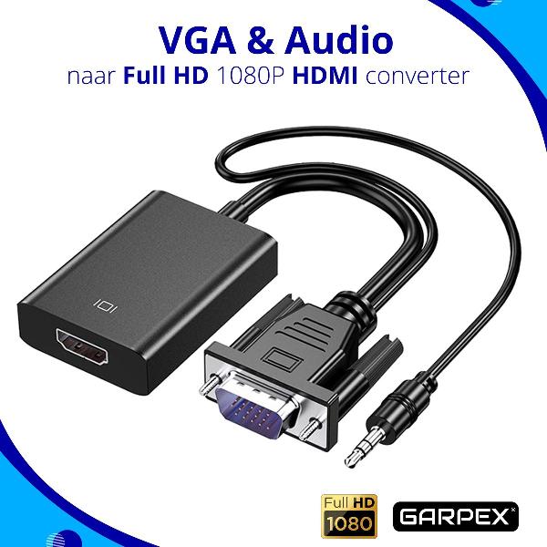 Garpex® VGA (+ Audio) naar HDMI Adapter Converter Universeel - Met 3.5MM Jack Aux & USB Voeding Kabel - Analoog Naar Digitaal Video Omvormer - Male To Female - 1080P Full HD – Zwart