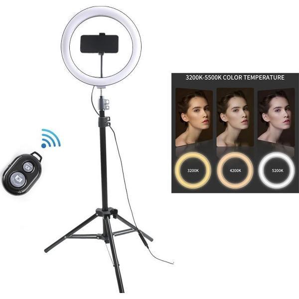 LED Ringlamp met Statief - Telefoonhouder - Bluetooth Afstandsbediening | 10inch/26cm ringlamp | Verstelbaar Statief (80cm-210cm) | Voor TikTok, Youtube, Vlogs, Livestream, Make-Up, Instagram | Ringflitsers | Smartphone RingLight| Studiolamp |