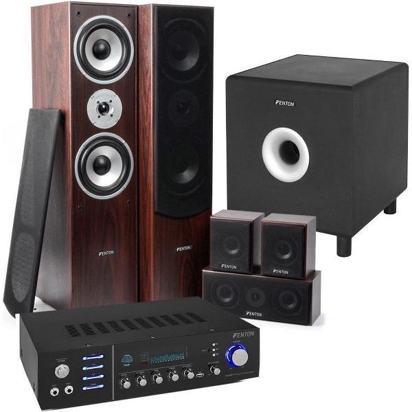 Home Cinema set van Fenton met Bluetooth, 5 speakers (walnoot), een 10