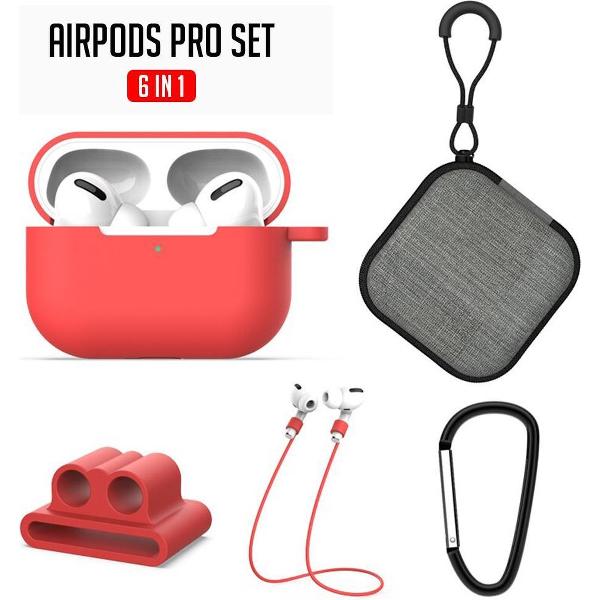 Airpods Pro Silicone Case - 6-in-1 bescherming set voor de Airpods Pro - Airpods Pro Soft Case - Airpods Pro Travel case - Horloge houder - Anti lost Straps - Karabijn haak - 25 Cleaning Sticks (tijdelijk) - Rood