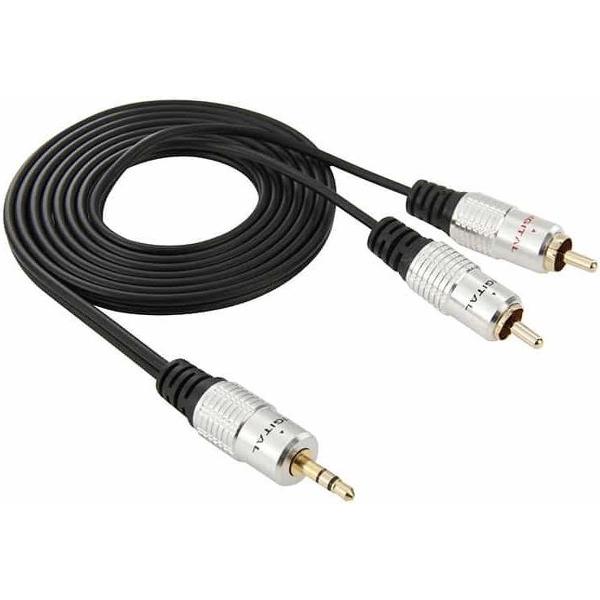 3,5 mm jack stereo naar 2 RCA mannelijke audiokabel, lengte: 1,5 m