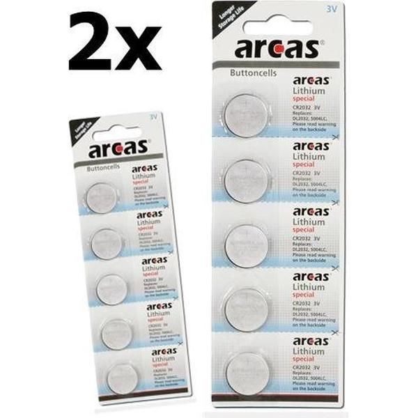 10 Stuks (2 Blisters a 5st) - Arcas CR2032 3V Lithium batterij