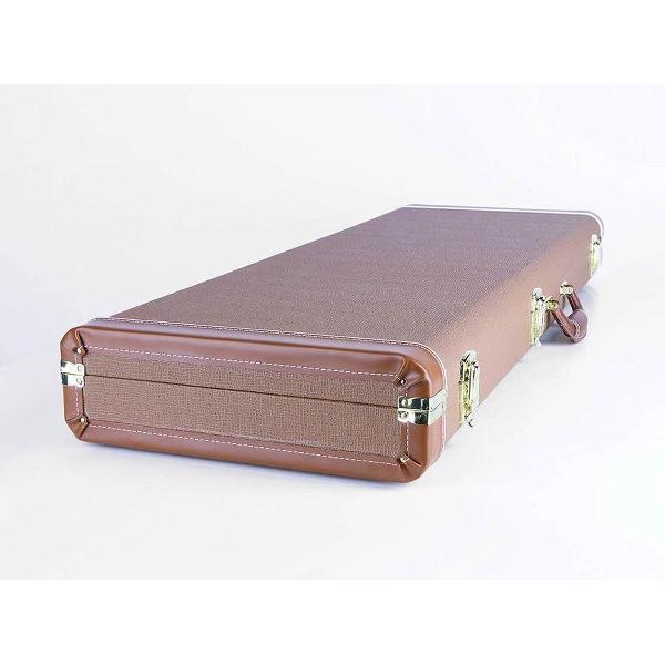 koffer voor elektrische gitaar, bruin tolex, goudkleurige hardware, groen fluwelen interieur