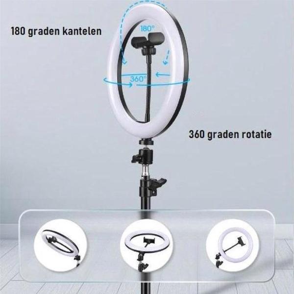 LED Ringlamp met statief, telefoonhouder - 26 cm/10 inch ringlamp - 200cm (verstelbaar) - USB - TikTok - YouTube - Vlog - Ringlight - flitser - Ring lamp - Ringlamp telefoon - Make-up light - Studiolamp