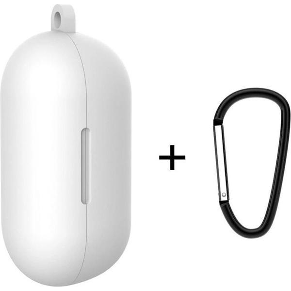 Luxe Siliconen Hoesje Voor Samsung Galaxy Buds (2019) / Galaxy Buds+ Plus (2020/2021) Draadloze Oordopjes - Soft Case Cover Protector - Travel Beschermhoes - Reis Opberghoes Shell Beschermer Hoes - Met Musketon Haakje - Wit