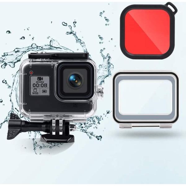 45m waterdichte behuizing + touch-achterkant + kleurenlensfilter voor GoPro HERO8 zwart (rood)