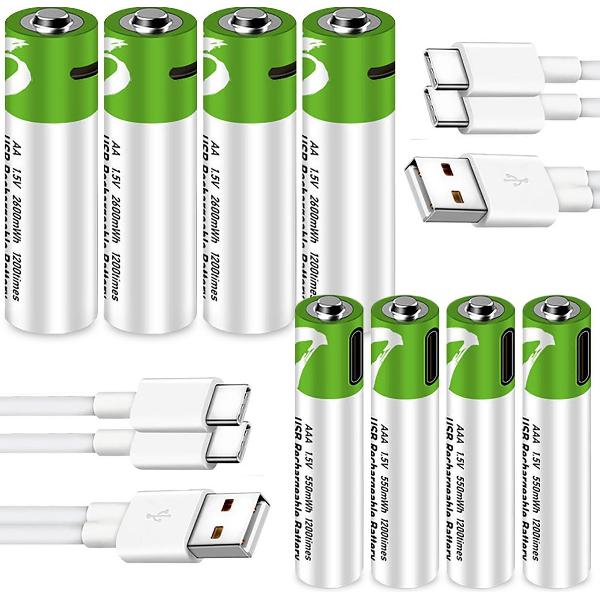 AA + AAA Oplaadbare Batterijen 1,5 Volt (733 + 2600 mWh) met USB Type-C Kabels opladen - Duurzame Keuze - Lithium AA + AAA batterijen - 8 stuks