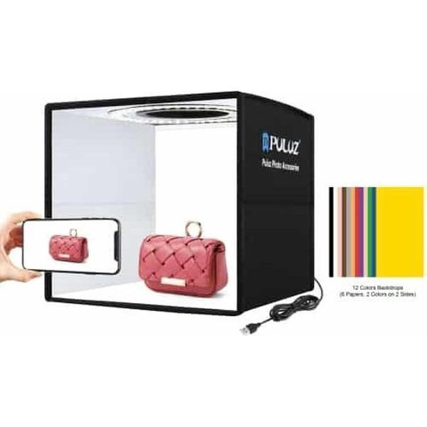 PULUZ 25cm opvouwbare draagbare ringverlichting Fotoverlichting Studio-opnametentdoos met 12 kleurenachtergronden, afmeting: 25cm x 25cm x 25cm (zwart)