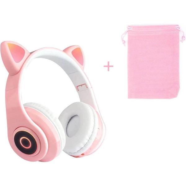 Kinder Hoofdtelefoon-Draadloze Koptelefoon-Kids-Over Ear-Bluetooth-Opbergzak-Microfoon-Katten Oorjtes-Led Verlichting-Roze
