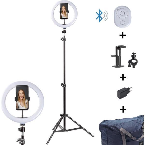 Varin® Ringlamp met 2m statief - LED - 26 cm / 10 inch - 230 cm hoog - Bluetooth remote shutter - Telefoonhouder - Tablethouder - Blauwe tas - Oplader met 2 USB poorten