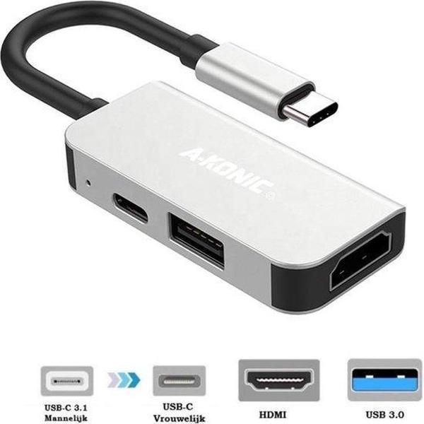 3 in 1 USB C naar HDMI 4K, USB 3.0 (thunderbolt), Usb-C opladen Hub | Space Gray | Compatible Apple Macbook | Chromebook | IMAC | Surface | XPS | Dell | Lenovo | Samsung | HP | A-KONIC©