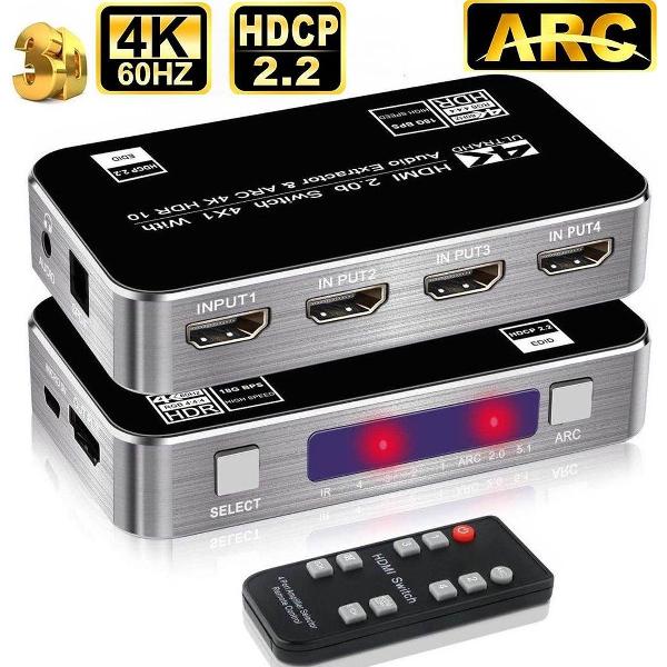 NÖRDIC SGM-142 HDMI switch 4 naar 1, met audio-extractor, 4K 60Hz, Zilver/Zwart