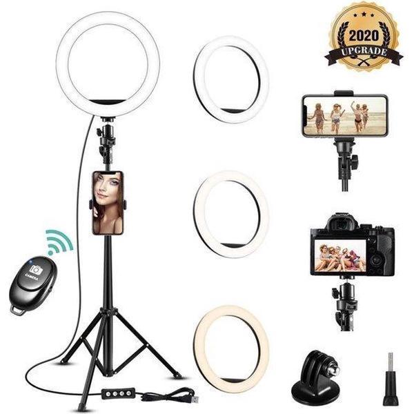Swirl LED Ringlamp met statief (verstelbaar) incl telefoonhouder en bluetooth afstandsbediening - 26 cm/10 inch - tot 210 cm hoog - USB - TikTok - Ringlight - flitser - Ring lamp - Vlog - Make-up light - Studiolamp - ringlampen