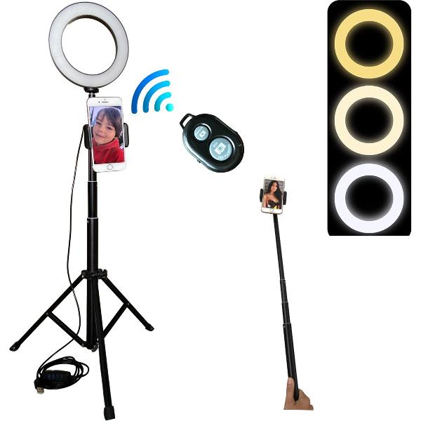 SmartZzz® Ringlamp met Statief Smartphone Bluetooth Afstandsbediening – Ringlight TikTok Lamp 16 cm/6 inch – Ringlicht Ring Lamp 3 Lichtstanden 130 cm Hoog