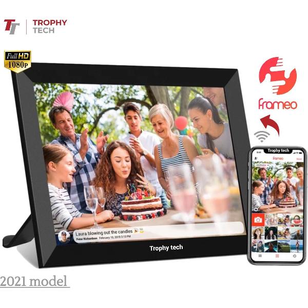 Trophy tech digitale fotolijst 2021 met WiFi en Frameo app – 10.1 inch zwart – Touchscreen – HD + IPS display + Inclusief Screenprotector en Schoonmaakdoekje