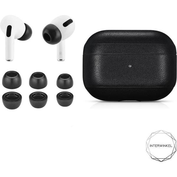 Zwart leren hoesje airpods pro + memory foam tips - black leather case - union leather - Foam tips grijs - Apple - In ear