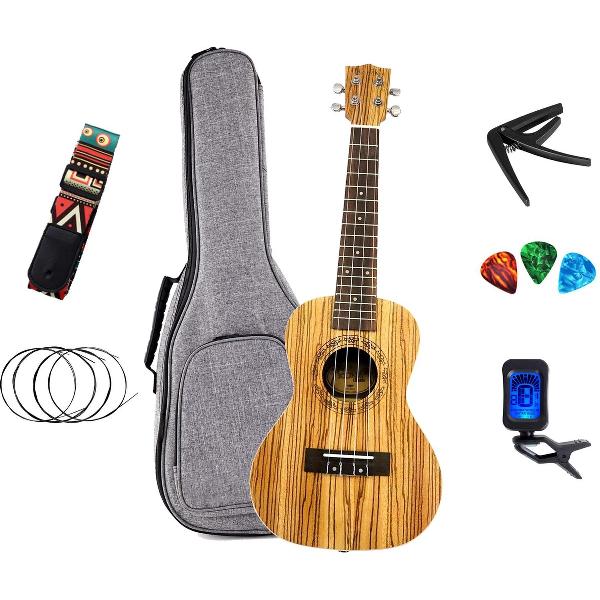 Happy Instruments - Concert ukelele - zebra hout - Complete set met houder en tas