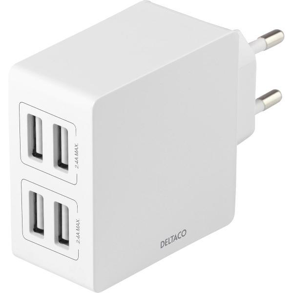 DELTACO USB-AC176 USB-wandoplader met 4 USB-A poorten - 4.8A 12W - Wit